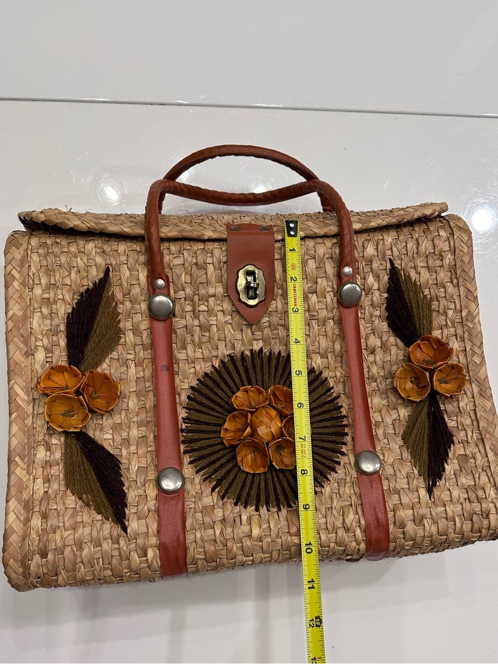 Vintage 70s Mexican Straw Woven Basket Purse Floral Raffia Boho Box Bag - Picture 14 of 15